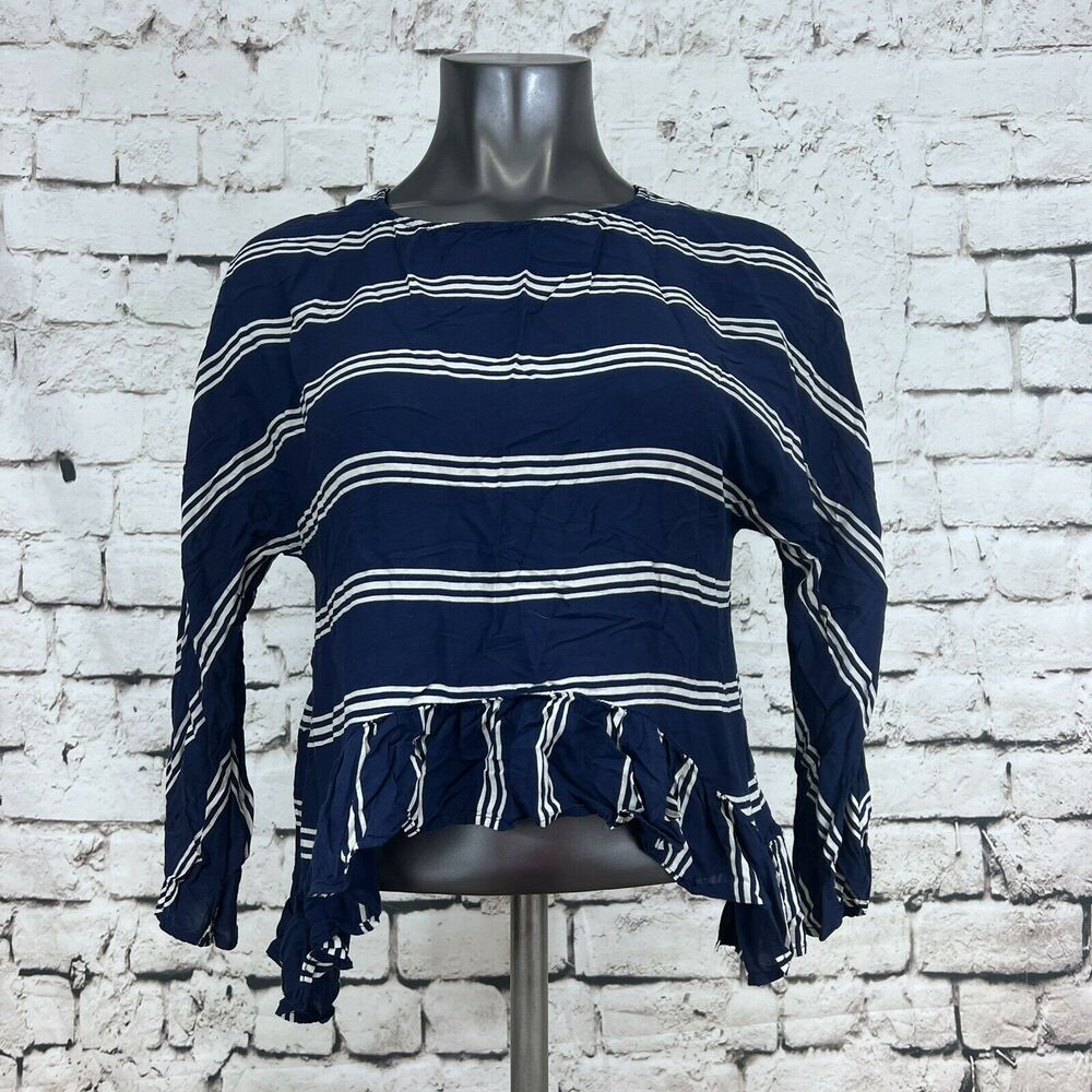 Zara Women's Blouse Blue Cream Stripe Peplum Asymmetrical Hem Size Small